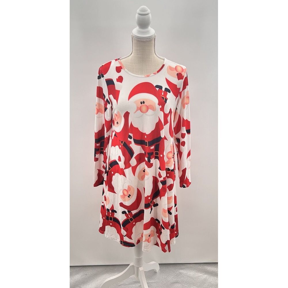 Women's Marc & Steve White and Red All Over Santa Long Sleeve Flowy Dress Size S